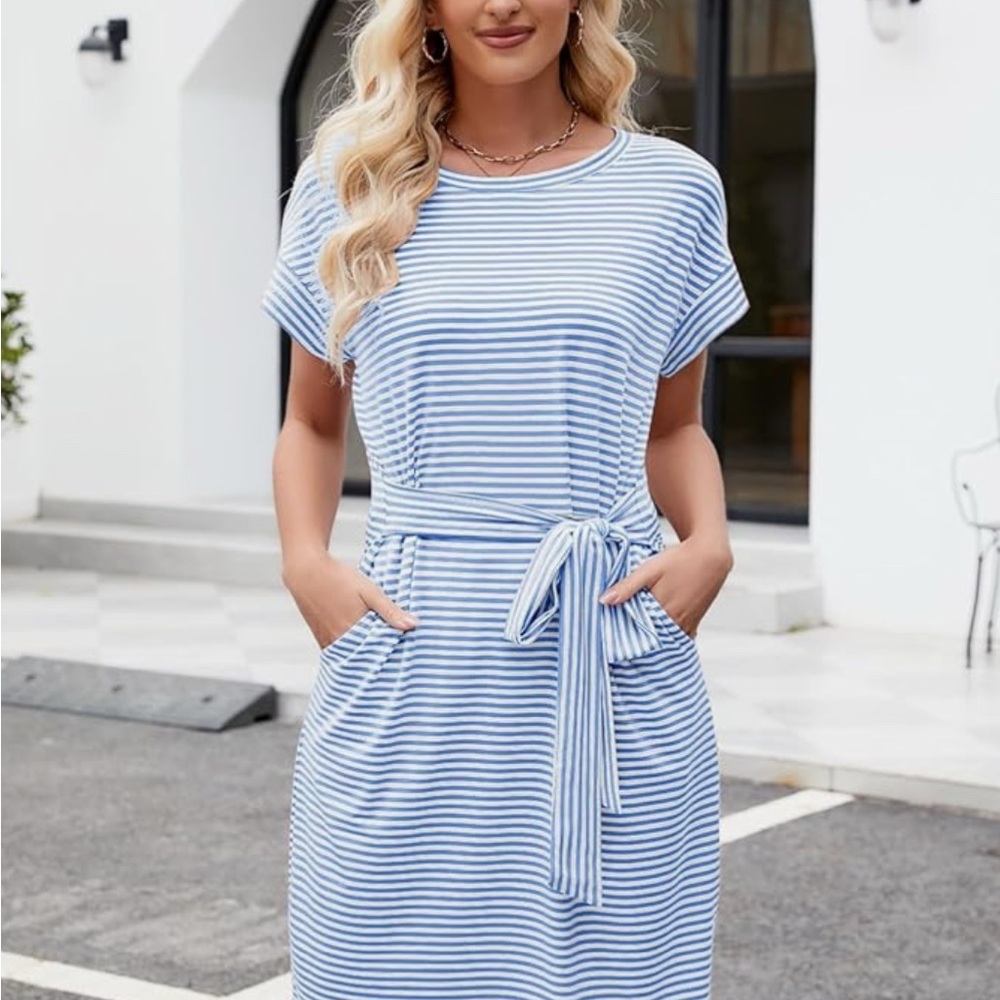 Merokeety NWT Chic Blue Short Sleeve Dress with Pockets